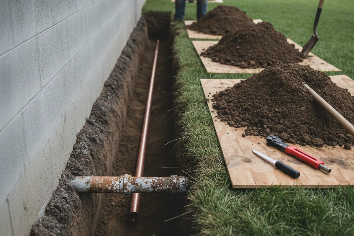 Excavated water line trench during Water Heater Repair in Perkins